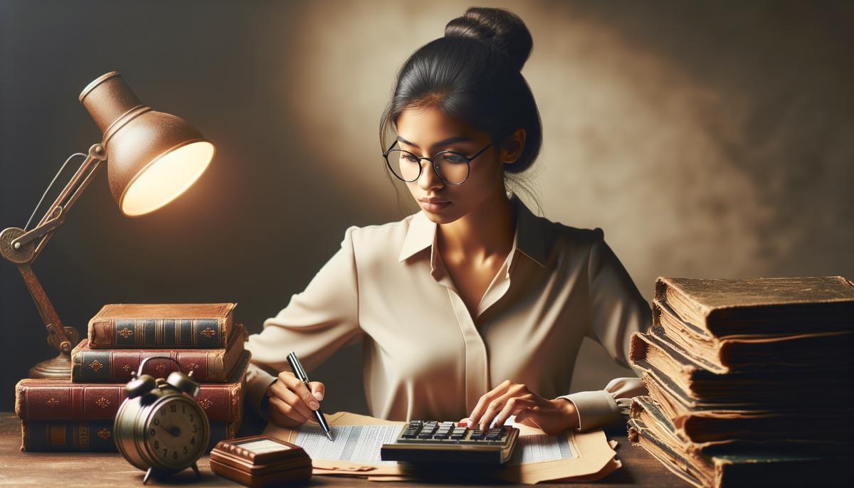 Image of a person working at a desk with accounting books and a calculator, symbolizing a career in accounting