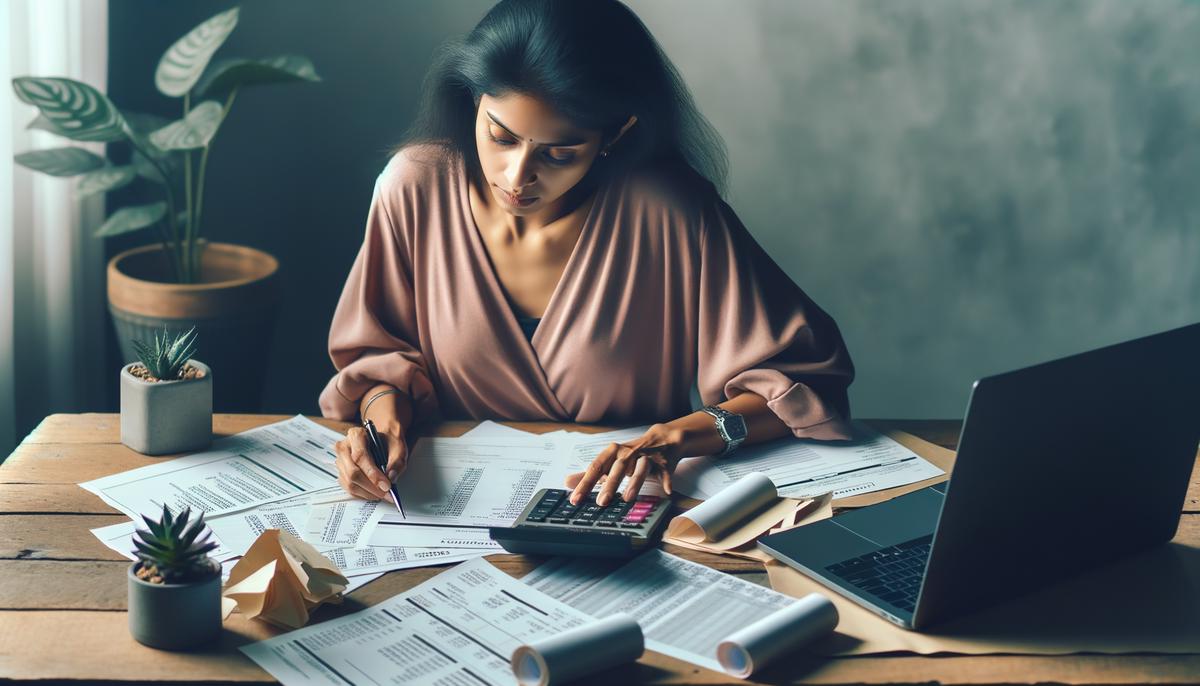 A realistic image of a person organizing receipts and invoices at a desk with a laptop and calculator, symbolizing bookkeeping for a small business