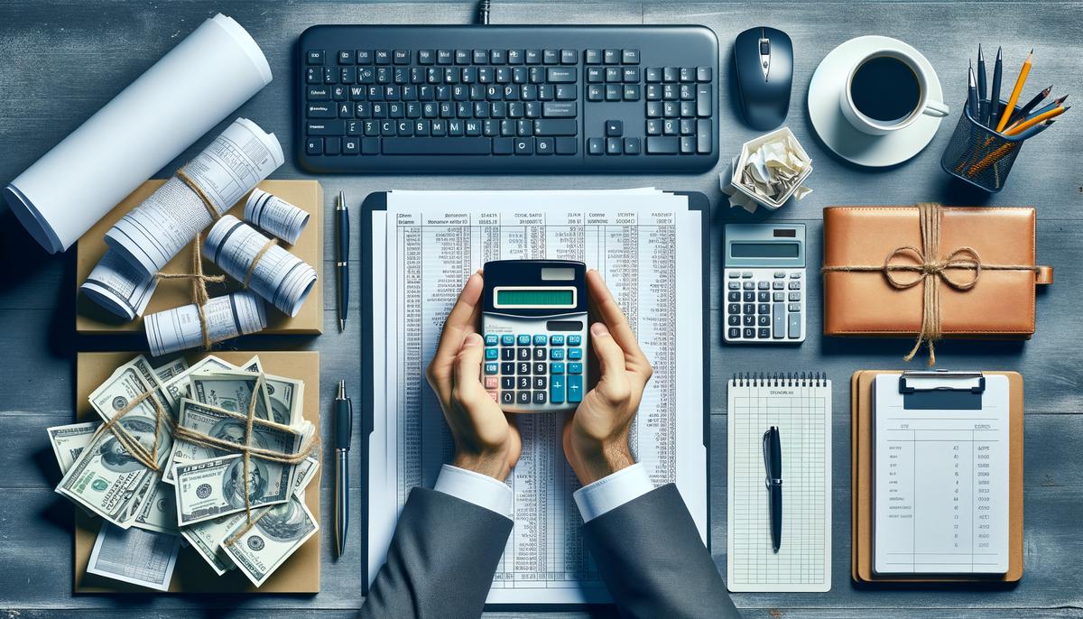 A well-organized desk with a computer, calculator, receipts, and a notebook for bookkeeping