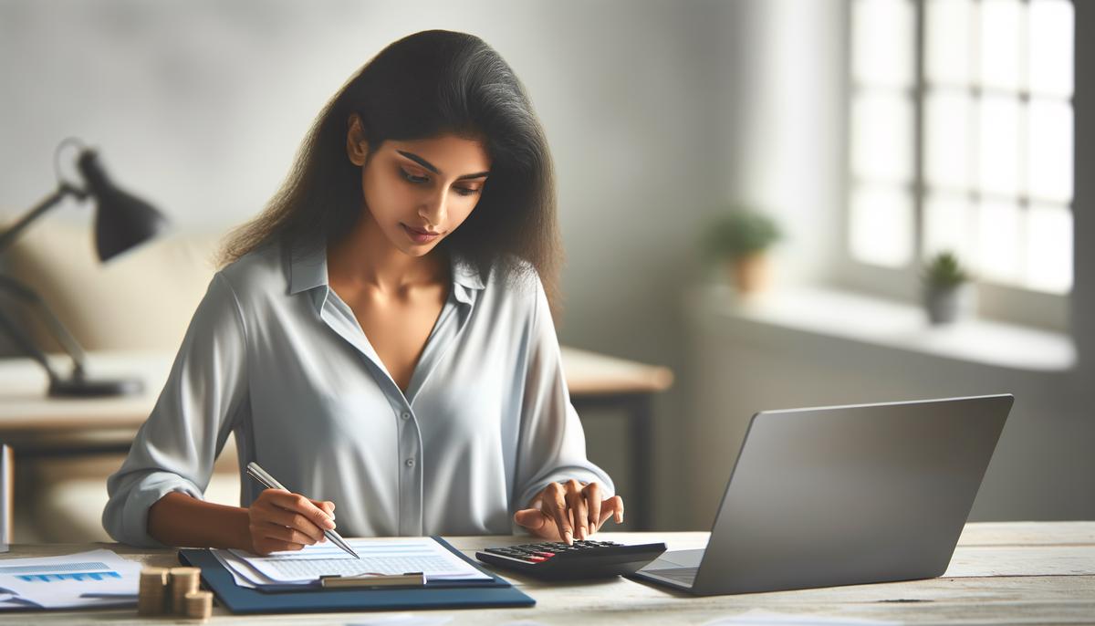 A professional bookkeeper working on financial records with a laptop and calculator