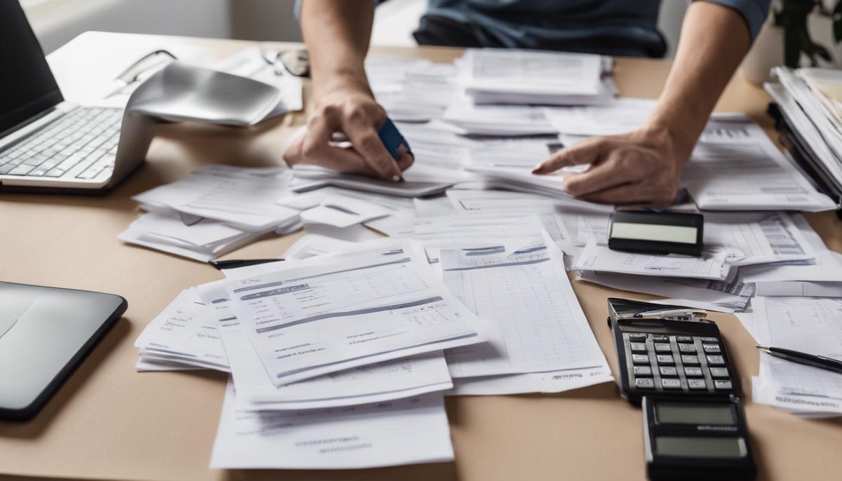 A business owner categorizing receipts and invoices for bookkeeping purposes