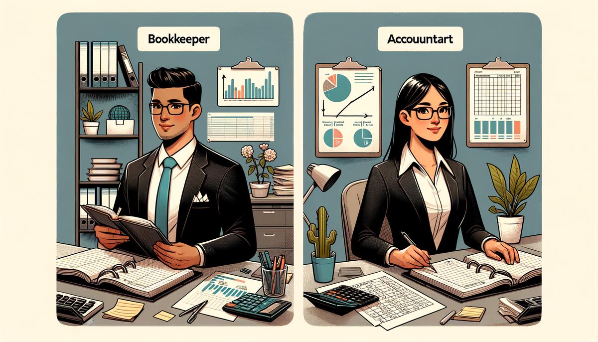 An image showing a comparison between a bookkeeper and an accountant in the financial world, illustrating their distinct roles