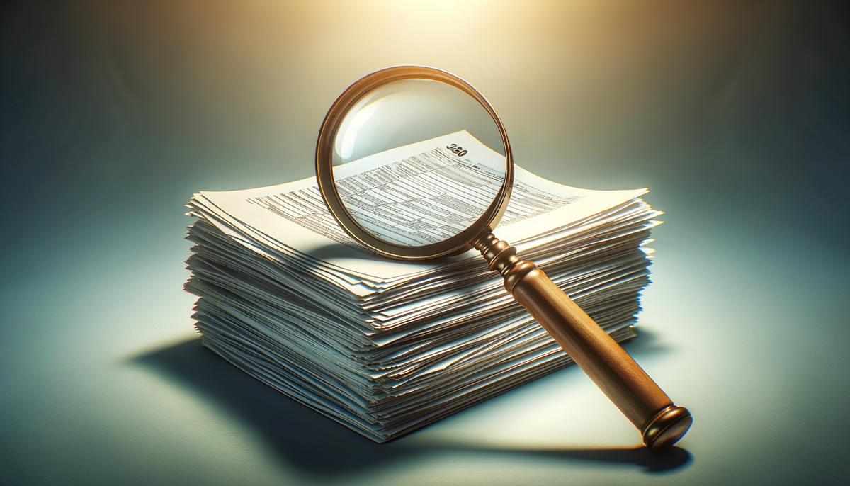 A magnifying glass over documents representing tax compliance